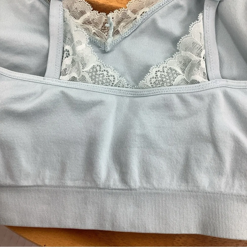 Cacique Bralette Bra 14/16 Nylon Spandex Blue Lace trim No Padding Wireless.
